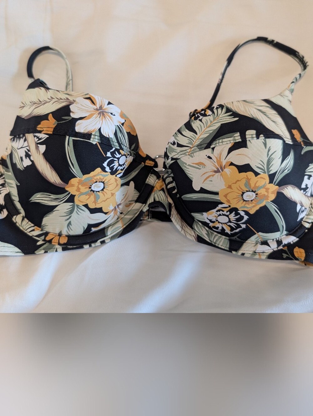 Sunseeker - Bikini Top. Black With Green, White And Yellow Floral/Leaf Design. - Picture 2 of 4